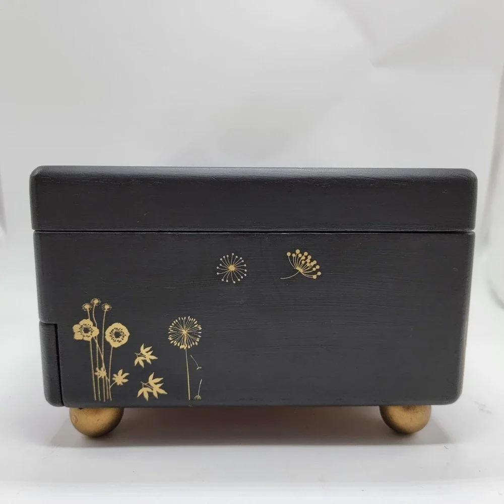 Vtg Wooden Jewelry Box Custom Hand Painted Black Gold Dragonfly Peacock